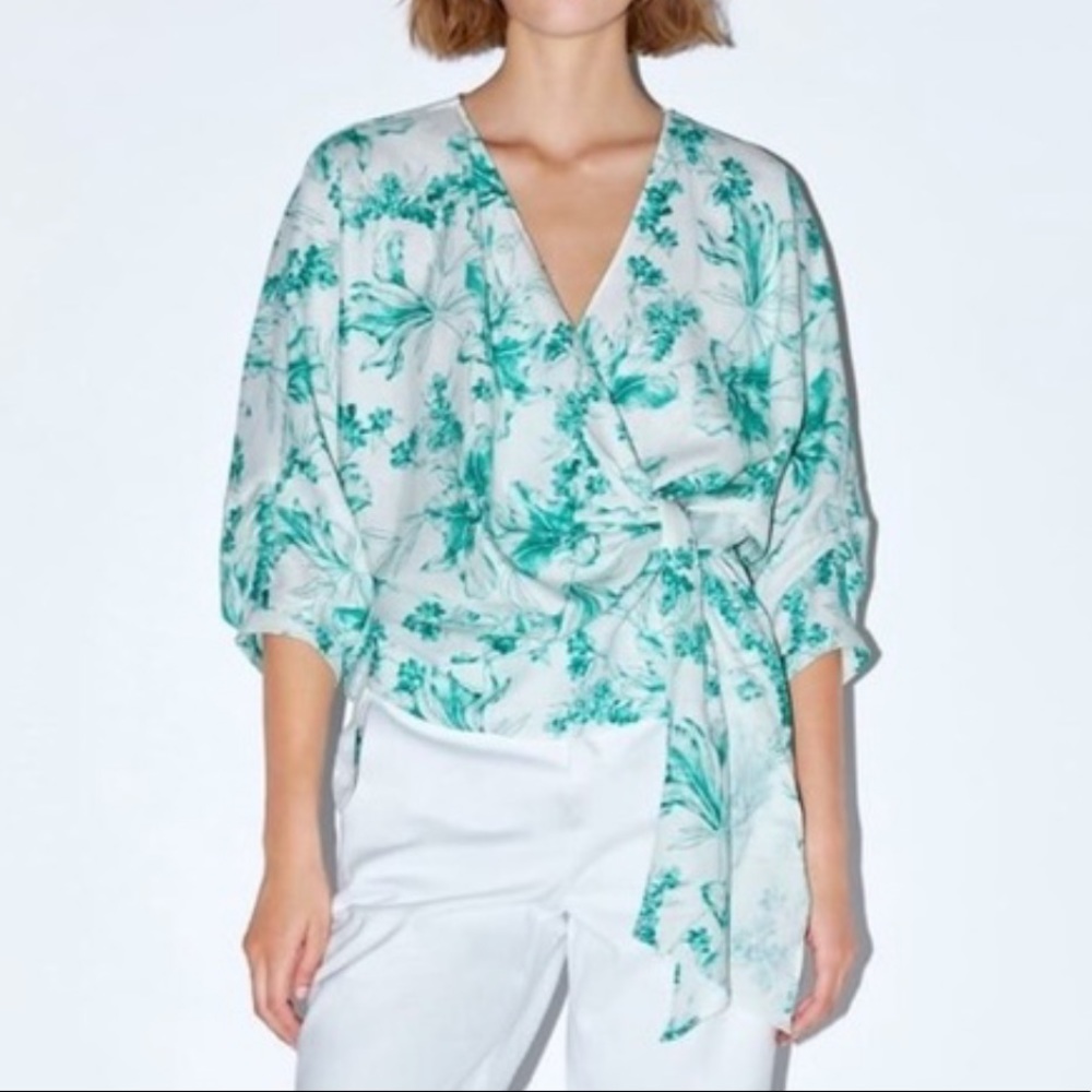 Green floral linen blend wrap tie blouse